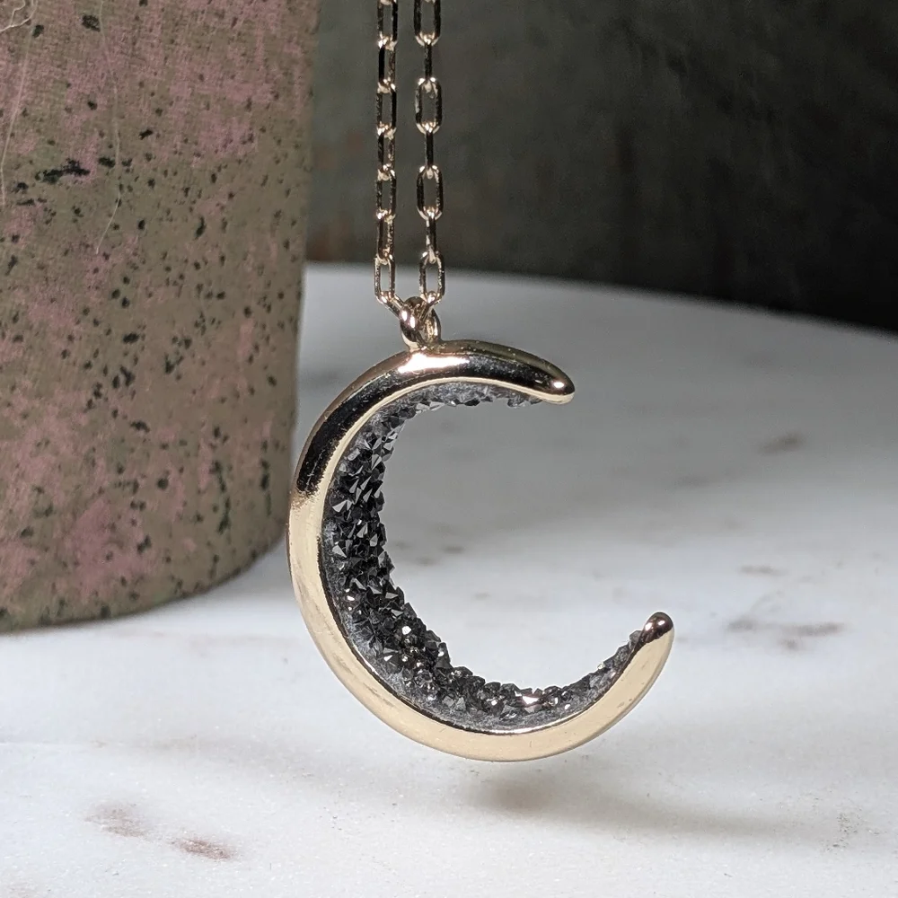 Crescent Moon Necklace, Gold Tone and Crystals - Picture 4 of 8